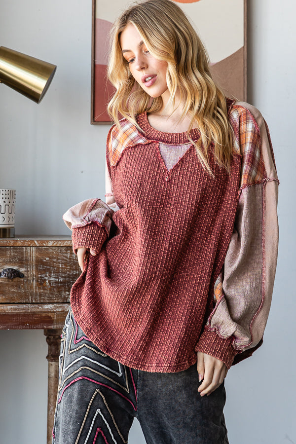 WASHED PLAID MIXED PULLOVER OVERSIZED KNIT TOP