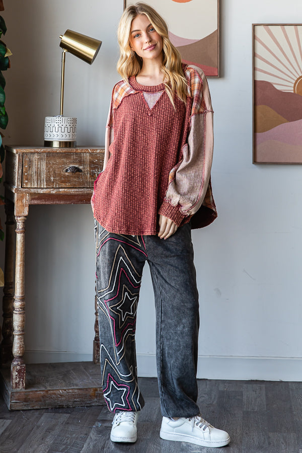 WASHED PLAID MIXED PULLOVER OVERSIZED KNIT TOP