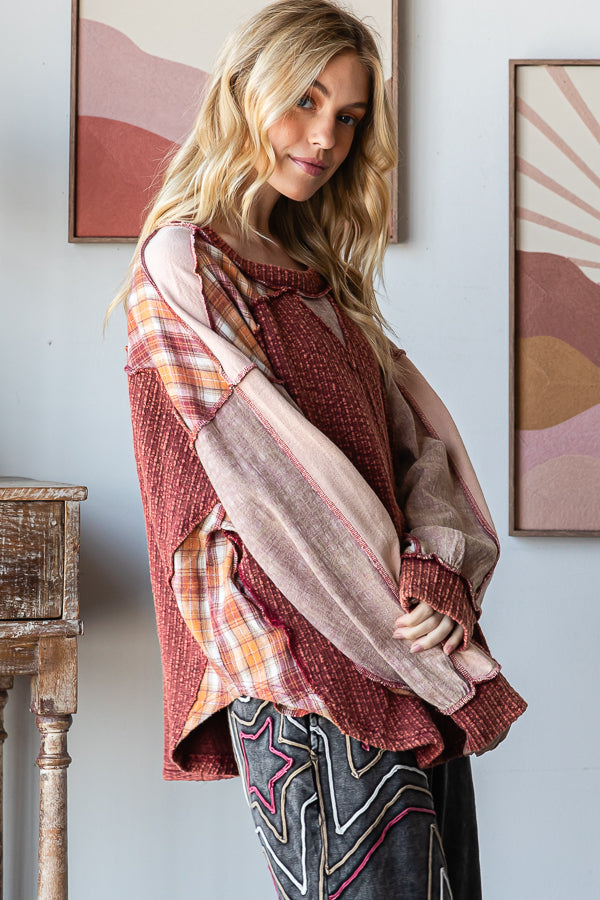 WASHED PLAID MIXED PULLOVER OVERSIZED KNIT TOP