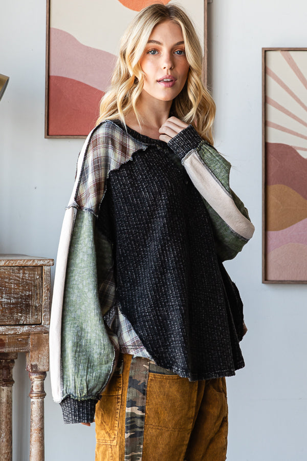 WASHED PLAID MIXED PULLOVER OVERSIZED KNIT TOP
