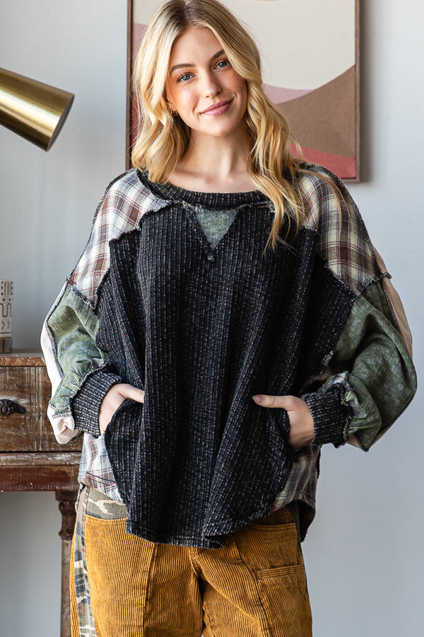 WASHED PLAID MIXED PULLOVER OVERSIZED KNIT TOP