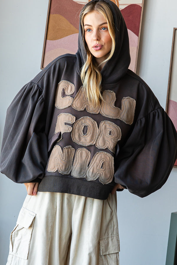 CALIFORNIA LETTERING HOODED BALLOON SLEEVE TOP