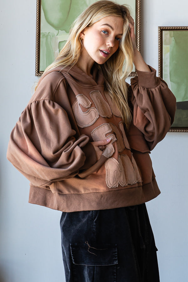 CALIFORNIA LETTERING HOODED BALLOON SLEEVE TOP
