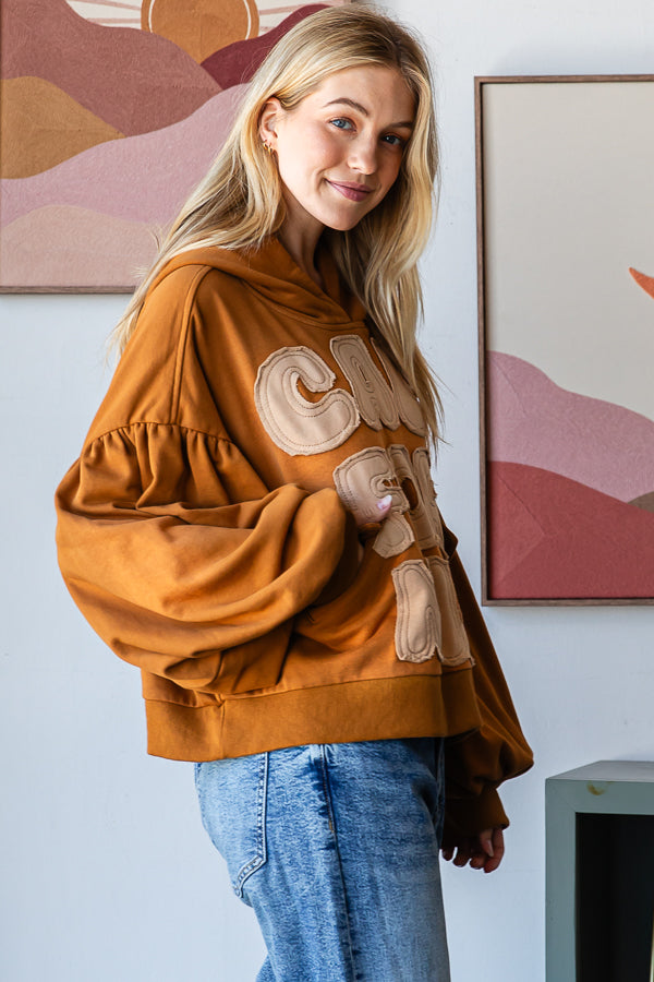 CALIFORNIA LETTERING HOODED BALLOON SLEEVE TOP