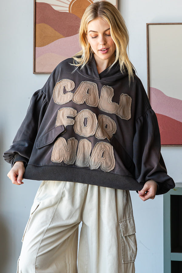 CALIFORNIA LETTERING HOODED BALLOON SLEEVE TOP