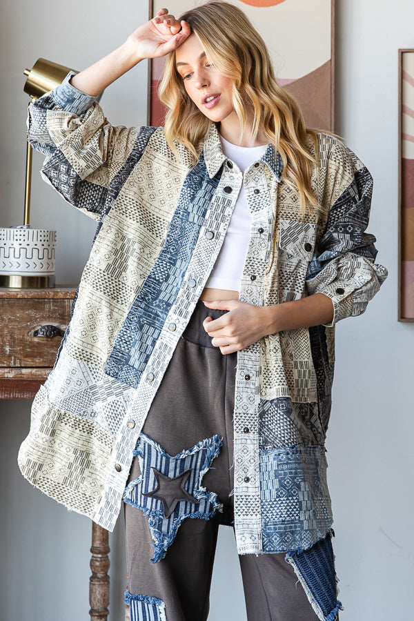 WASHED MIXED PRINTED BUTTON DOWN SHIRT