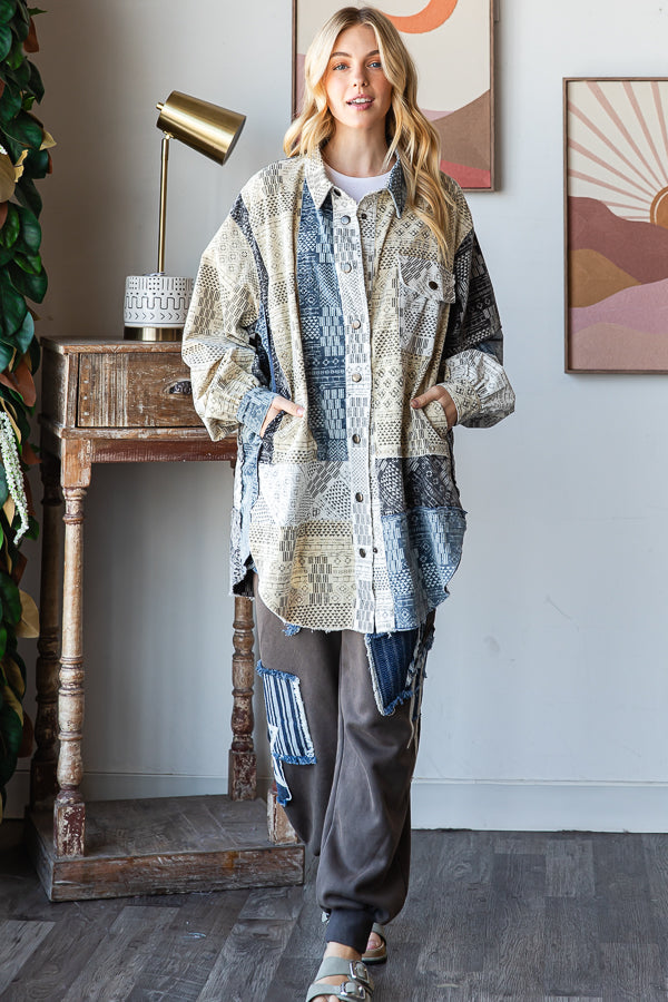 WASHED MIXED PRINTED BUTTON DOWN SHIRT