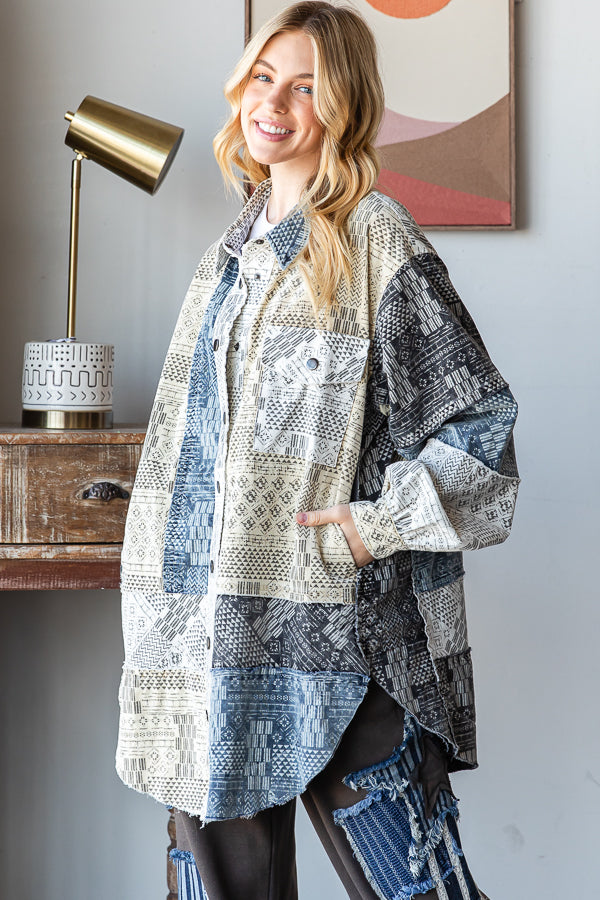 WASHED MIXED PRINTED BUTTON DOWN SHIRT