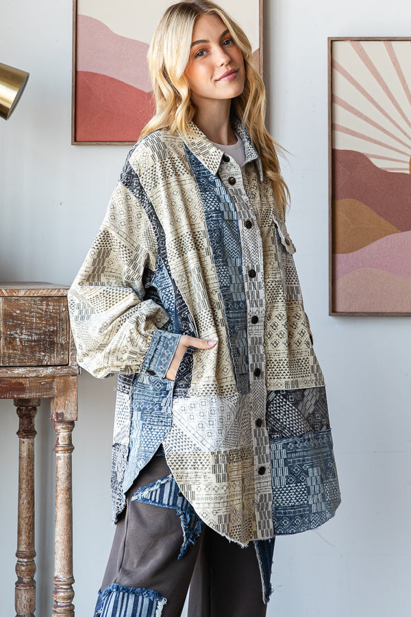 WASHED MIXED PRINTED BUTTON DOWN SHIRT