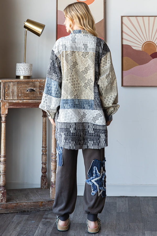 WASHED MIXED PRINTED BUTTON DOWN SHIRT