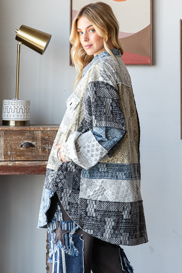 WASHED MIXED PRINTED BUTTON DOWN SHIRT