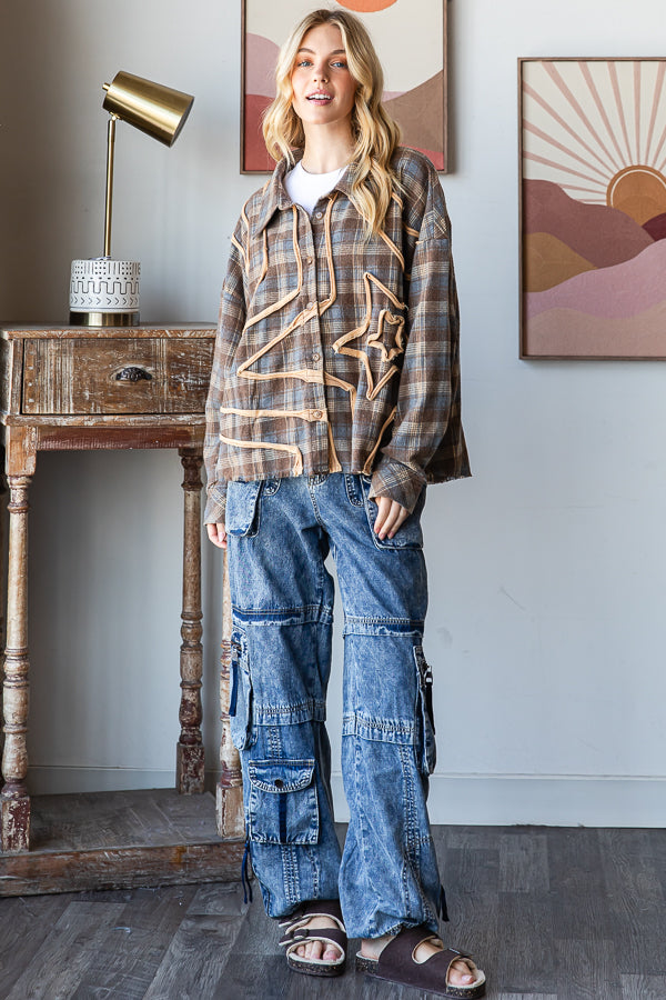 WASHED STAR PATCHWORK PLAID BUTTON FRONT SHIRT