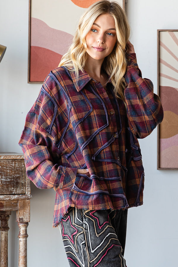 WASHED STAR PATCHWORK PLAID BUTTON FRONT SHIRT