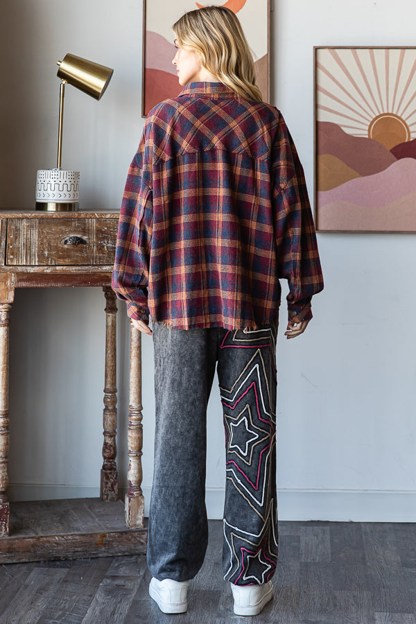 WASHED STAR PATCHWORK PLAID BUTTON FRONT SHIRT