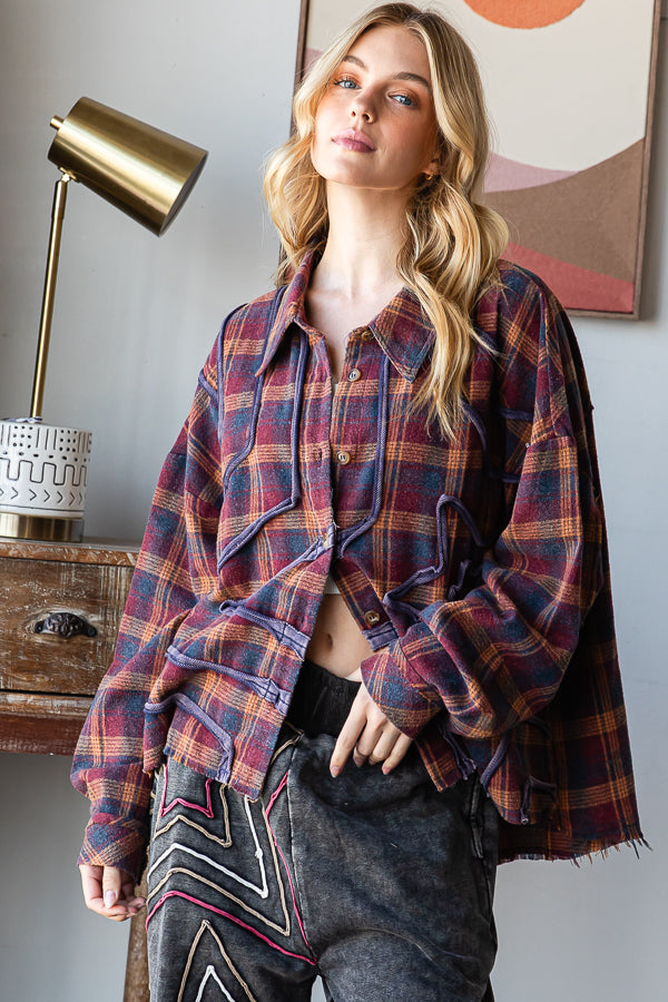 WASHED STAR PATCHWORK PLAID BUTTON FRONT SHIRT