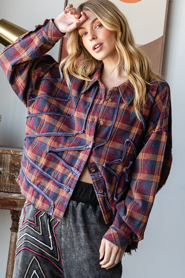 WASHED STAR PATCHWORK PLAID BUTTON FRONT SHIRT