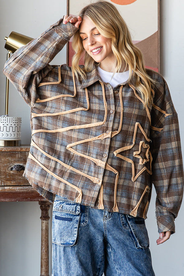 WASHED STAR PATCHWORK PLAID BUTTON FRONT SHIRT