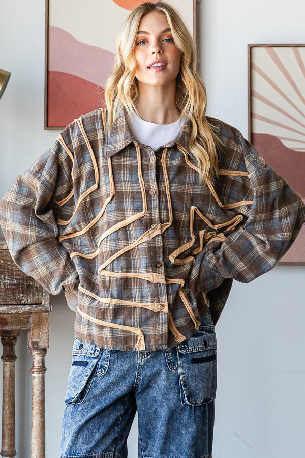 WASHED STAR PATCHWORK PLAID BUTTON FRONT SHIRT