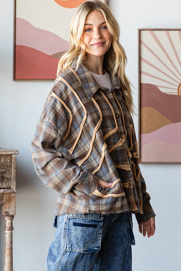 WASHED STAR PATCHWORK PLAID BUTTON FRONT SHIRT