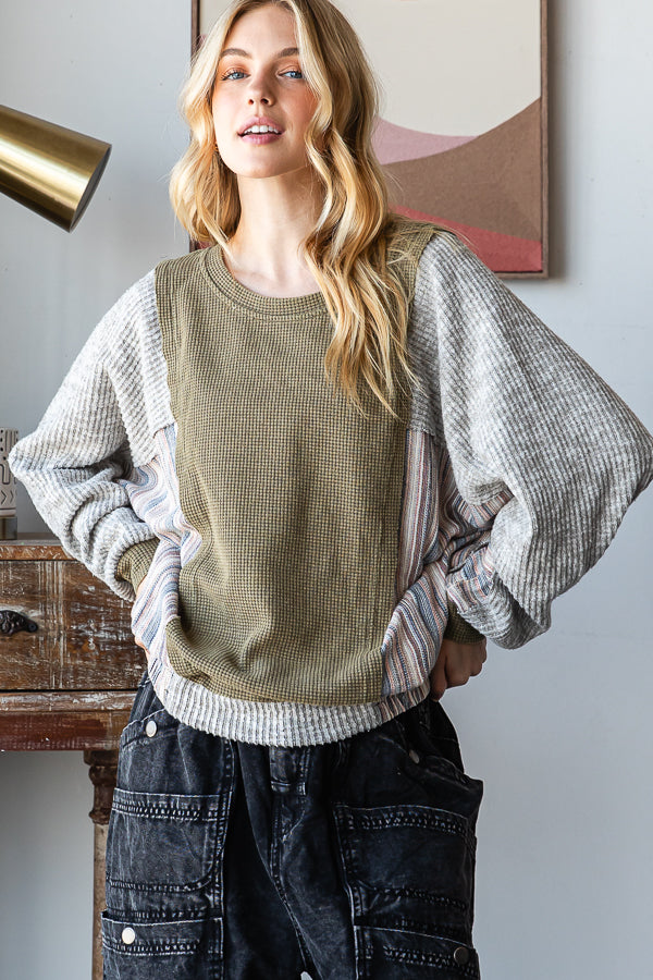 WASHED COLORBLOCK MIXED MEDIA PULLOVER KNIT TOP
