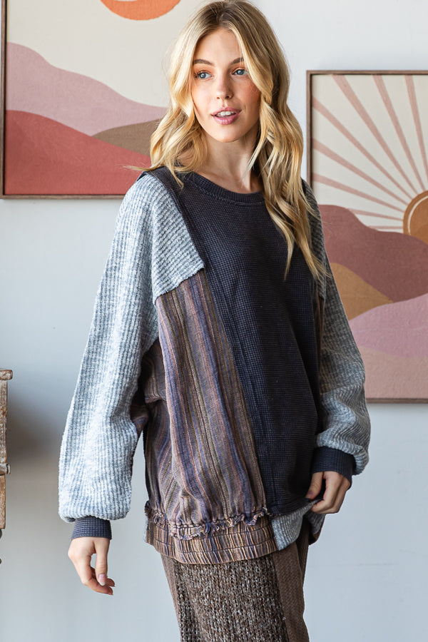 WASHED COLORBLOCK MIXED MEDIA PULLOVER KNIT TOP