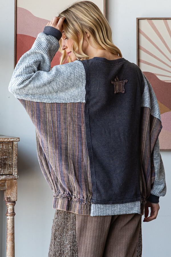 WASHED COLORBLOCK MIXED MEDIA PULLOVER KNIT TOP