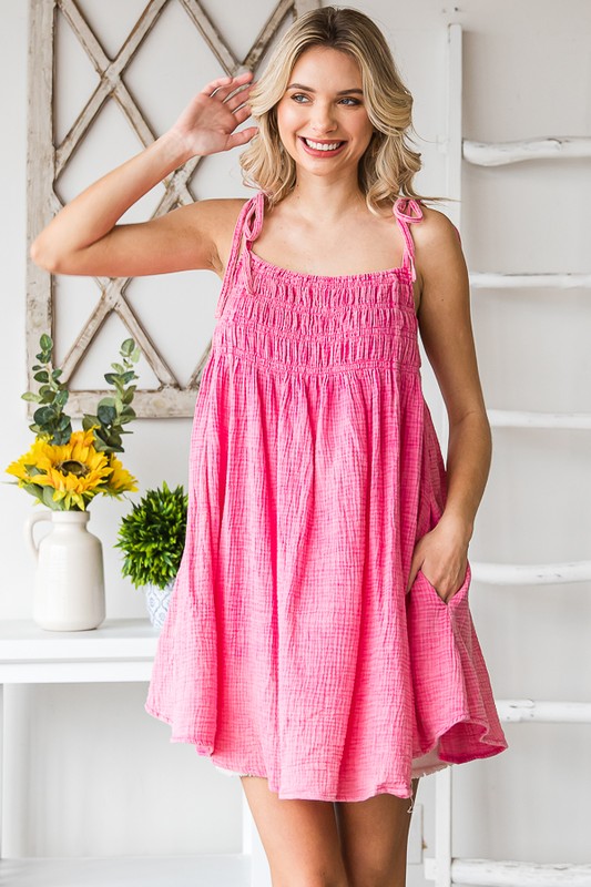 WASHED SMOCKED FRONT TIE SHOULDER TUNIC CAMI