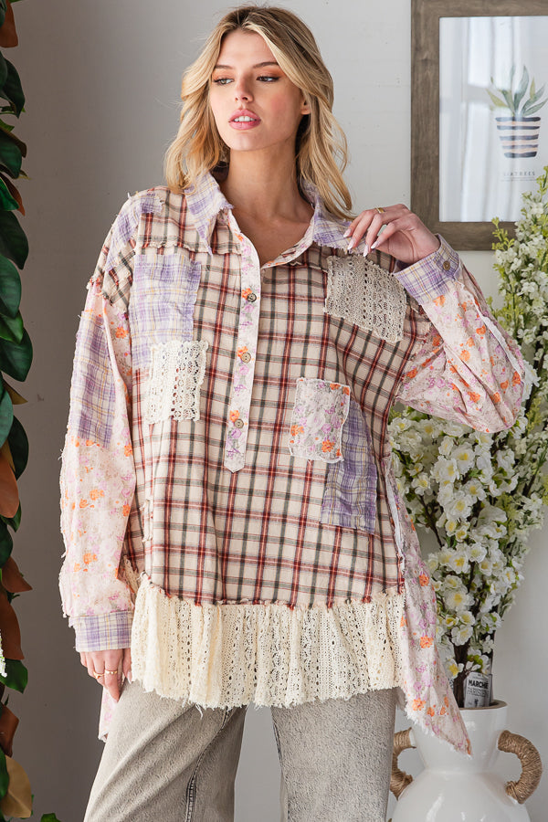 WASHED RUFFLE LACE HEM BUTTON UP PLAID SHIRT