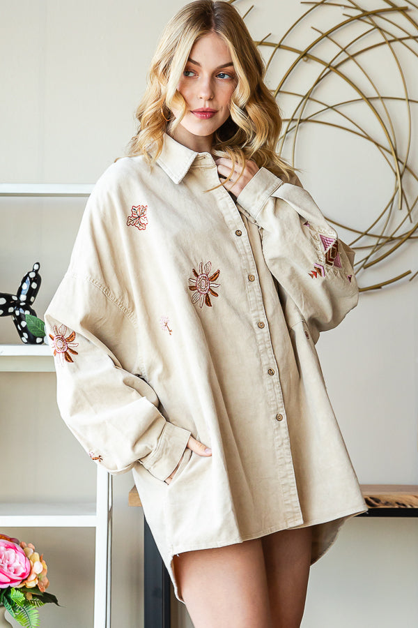 WASHED EMBROIDERED BUTTON DOWN CORDUROY SHIRT