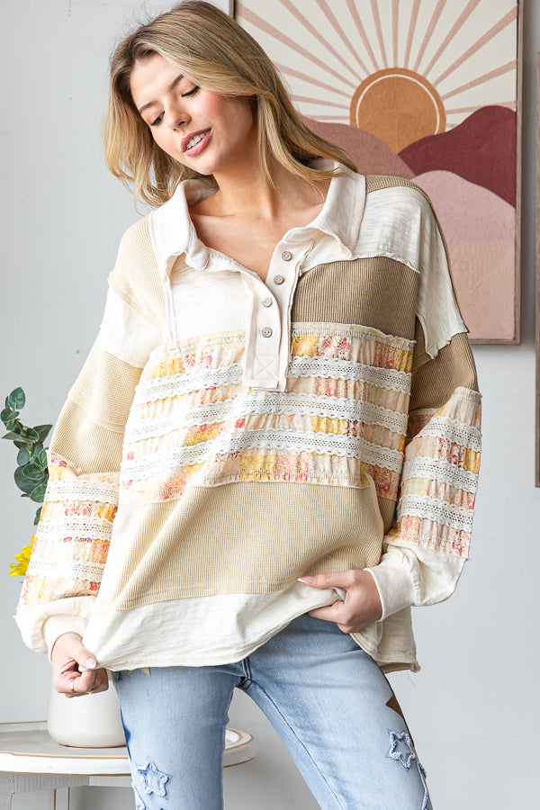 WASHED MIXED FABRIC BUTTON COLLAR LONG SLEEVE TOP