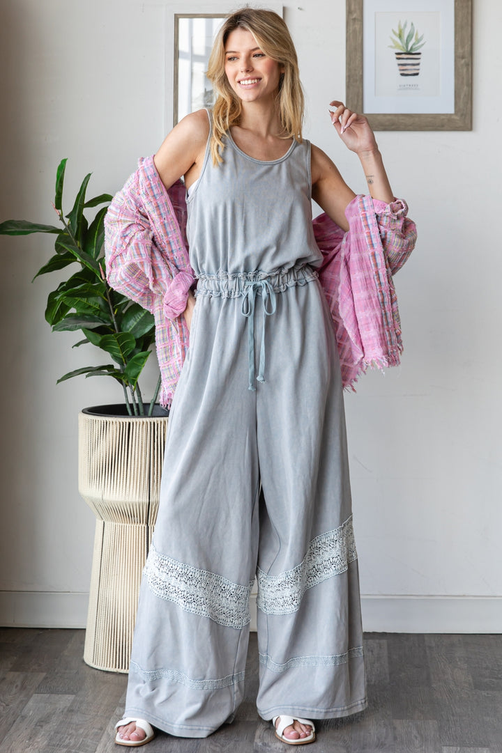 WASHED LACE DETAIL WITH WAIST STRING JUMPSUIT