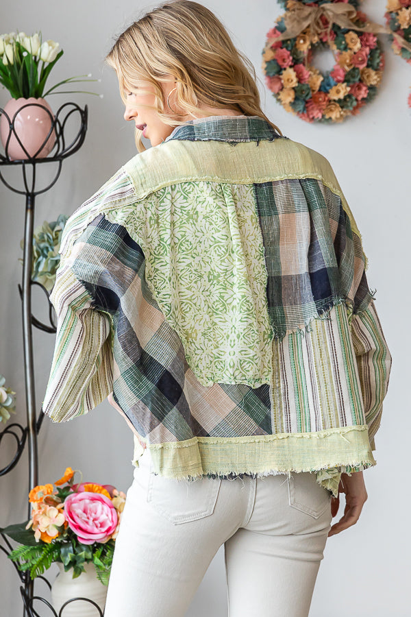 WASHED MIX MEDIA BUTTON DOWN LONG SLEEVE SHIRT