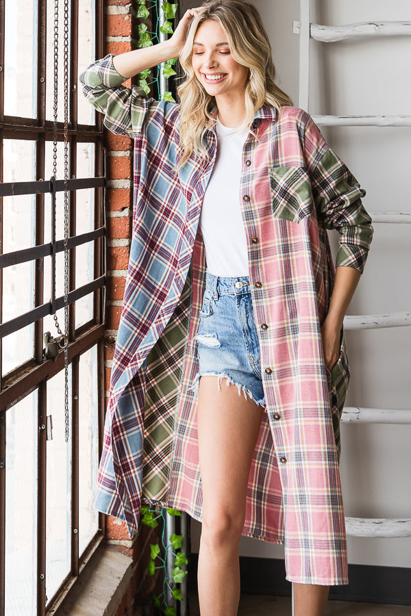 WASHED PLAID MIX BUTTON DOWN LONGLINE SHIRTS