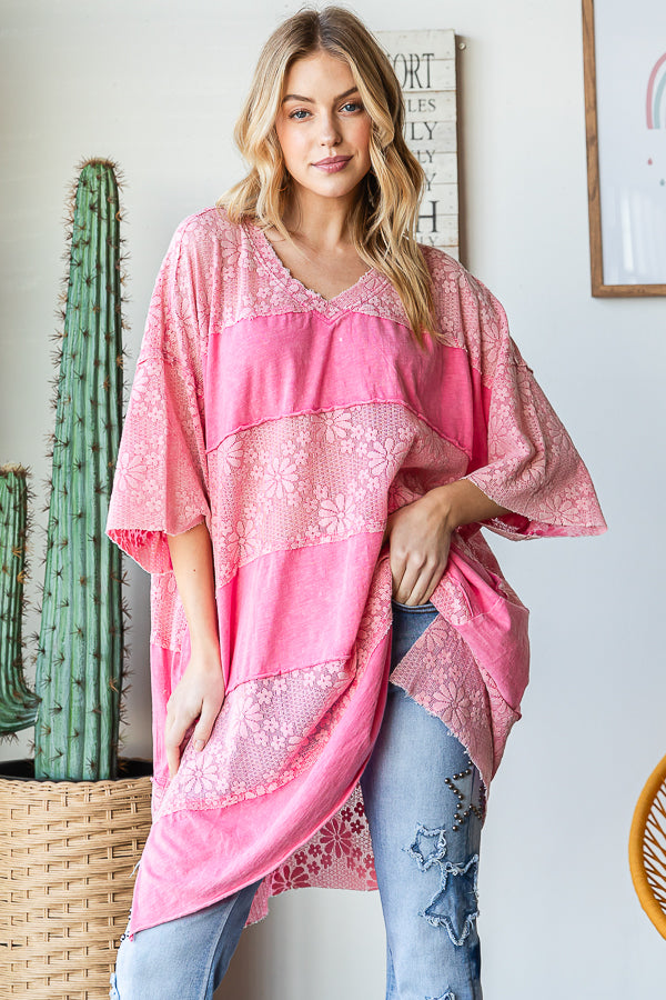 LACE MIX MEDIA SHORT SLEEVE FRAYED HEM BOXY TOP