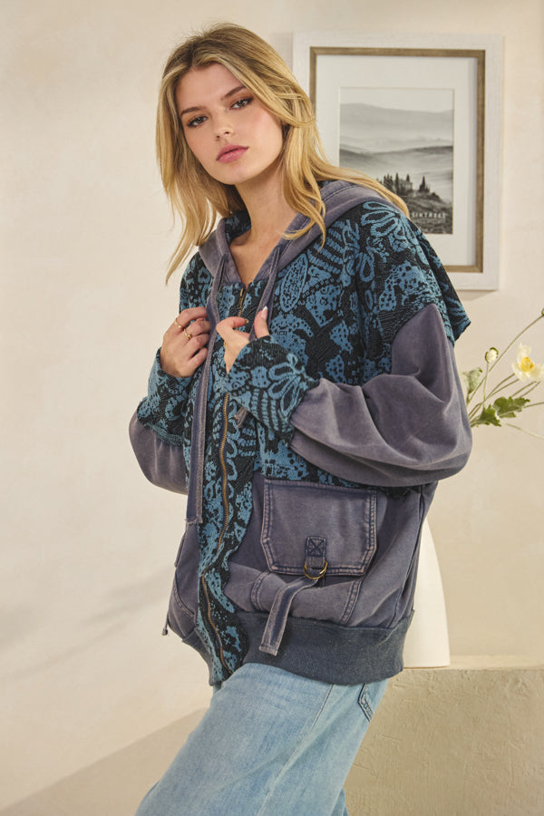 WASHED PRINTED PATTERN CONTRAST HOODED JACKET