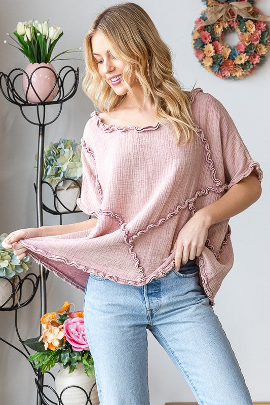 WASHED DOUBLE GUAZE RUFFLED DETAIL OVERSIZED TEE