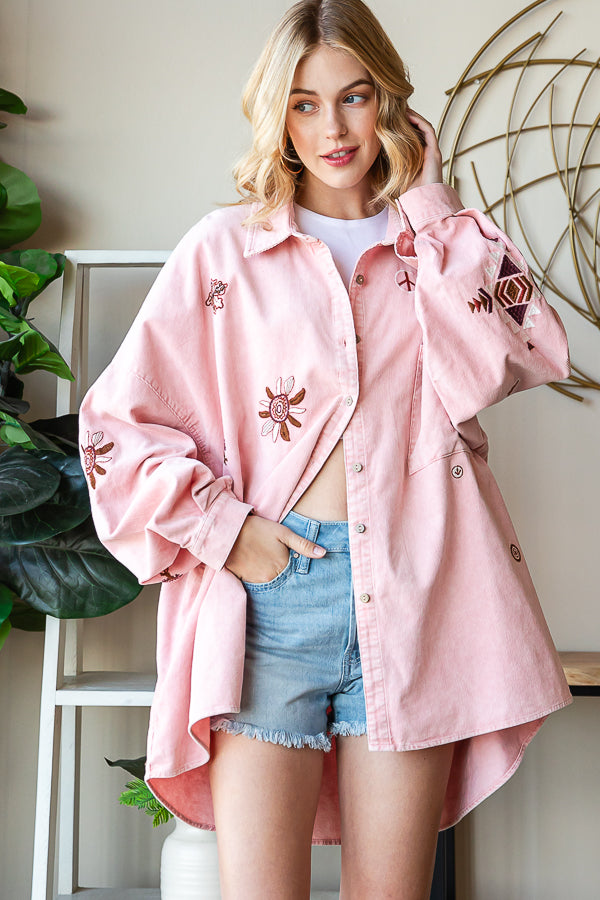 WASHED EMBROIDERED BUTTON DOWN CORDUROY SHIRT