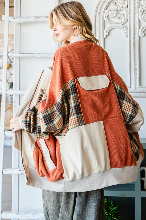 WASHED COLORBLOCK ZIP FRONT BOMBER TERRY JACKET