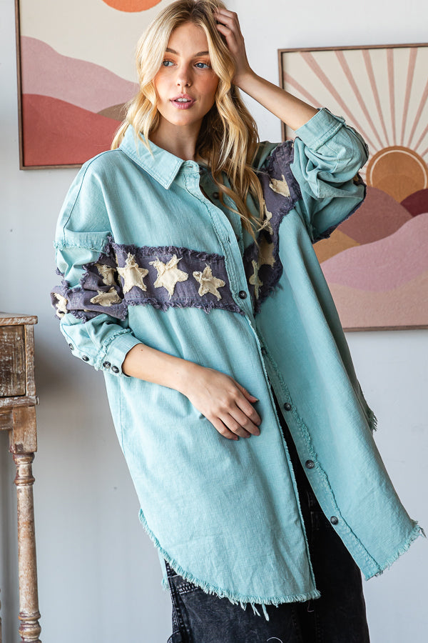 WASHED STAR PATCHWORK BUTTON DOWN SHACKET