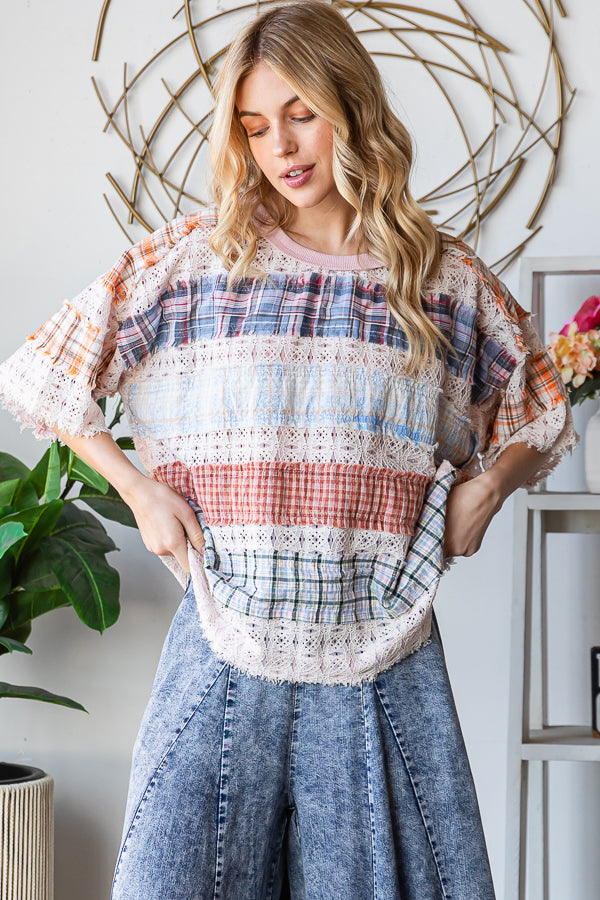 WASHED LACE INSERT PLAID MIX KNIT TOP