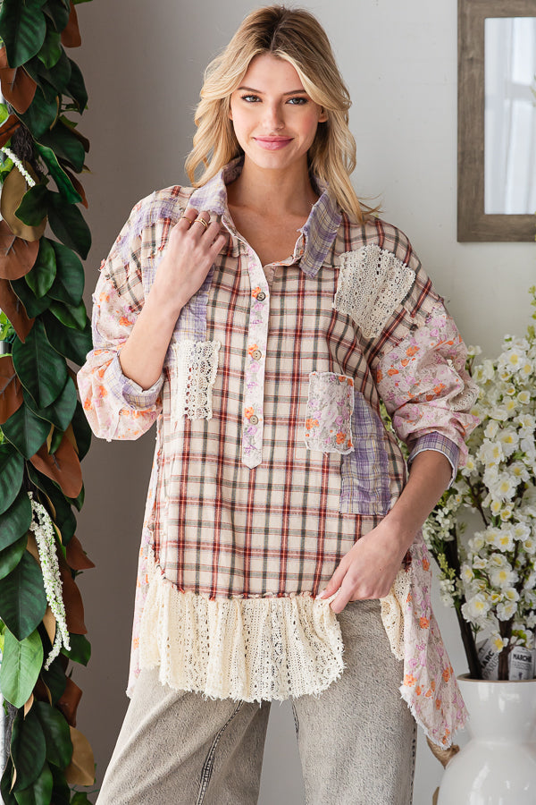 WASHED RUFFLE LACE HEM BUTTON UP PLAID SHIRT