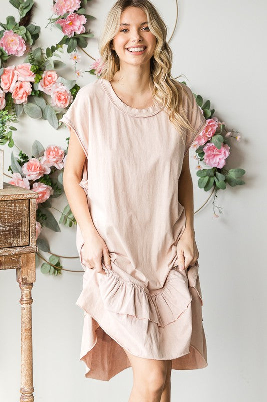 WASHED RUFFLE HEM SHORT SLEEVE TUNIC DRESS