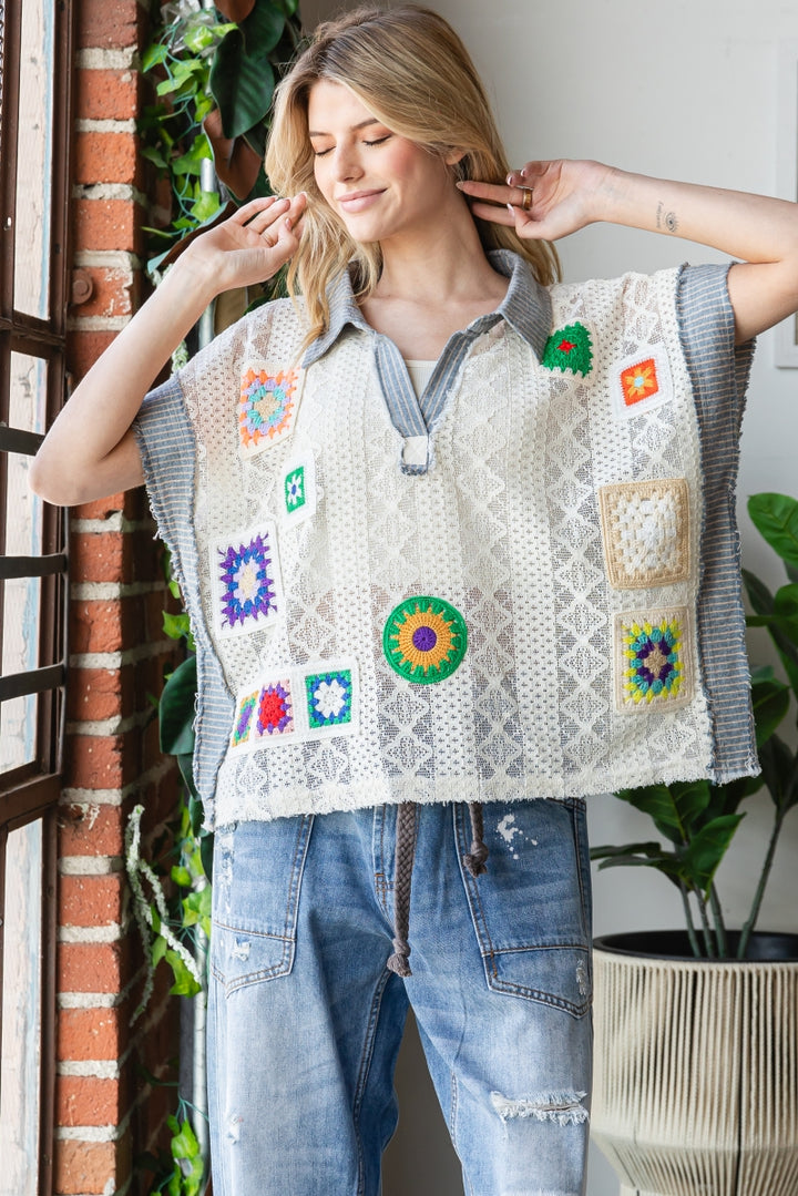 MIX MATCH CROCHET PATCHED LACE COLLAR TOP