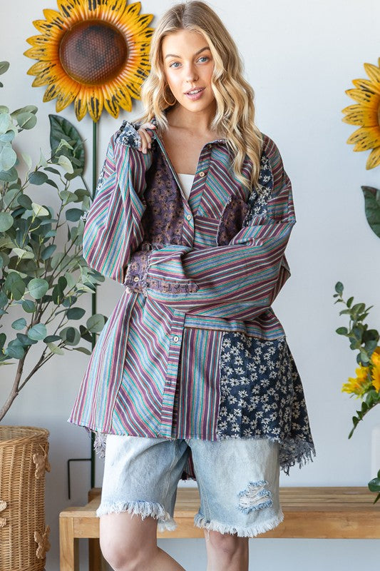 WASHED MIX MEDIA STRIPED BUTTON DOWN SHIRT