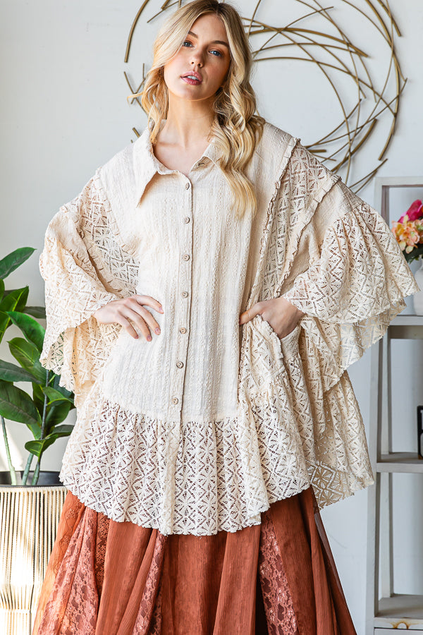 WASHED LACE RUFFLE HEM BUTTON FRONT SHIRT