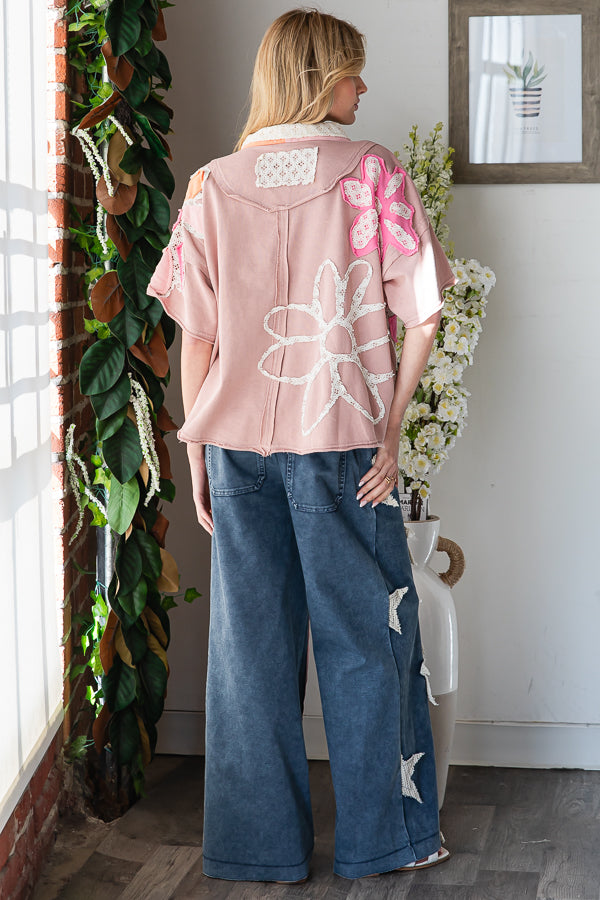 WASHED FLOWER PATCHWORK COLLARED TOP