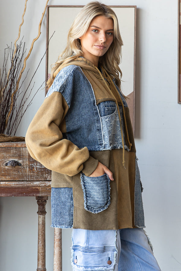 WASHED PATCHWORK DENIM HOODED PULLOVER TOP