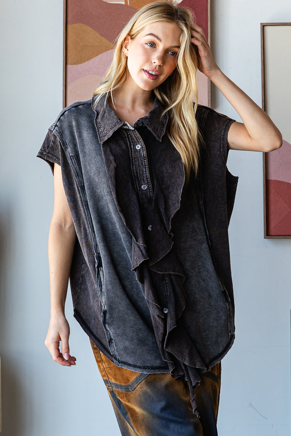 WASHED RUFFLE DETAIL FRONT BUTTON DOWN SHIRT