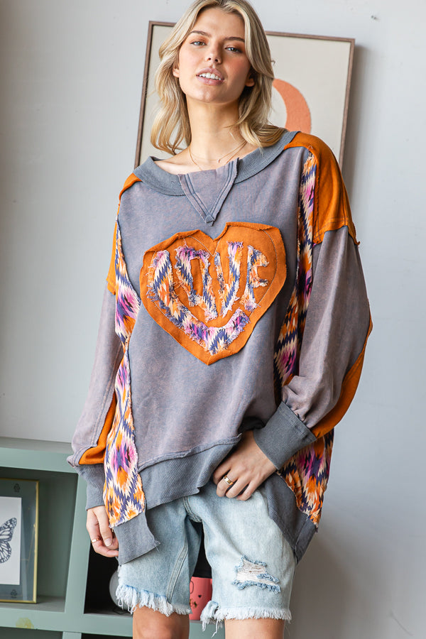 WASHED LOVE HEART PATCHWORK PULLOVER TOP