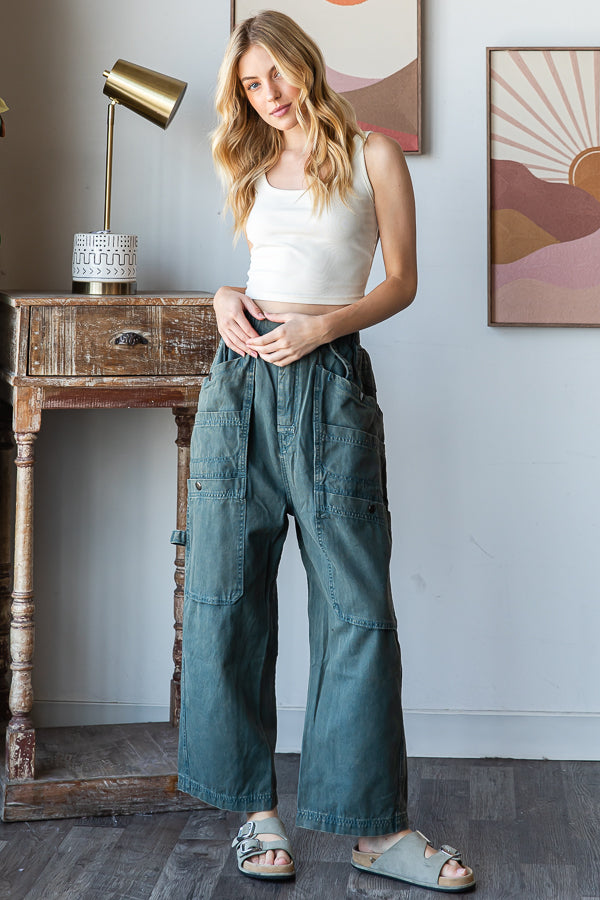 MINERAL WASHED WIDE LEG CARGO DENIM JEANS